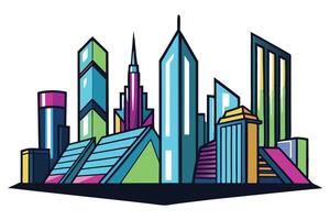 Futuristic cityscape design featuring colorful abstract skyscrapers and sleek modern architecture in a stylized illustration vector