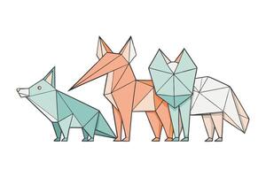 Polygonal animal art showcasing abstract foxes and other creatures in a modern geometric style with pastel colors vector