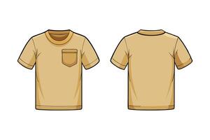 Front and back view of a plain beige t shirt with a pocket, isolated on white, perfect for design, print, or apparel showcase needs vector