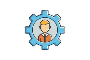 Gear icon with a person at its center, ideal for use in user interface designs, settings, configurations, or IT management visuals vector