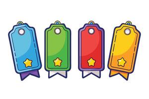 Colorful set of blank tags with ribbons and stars, ideal for labels, price tags, or decorative designs for digital and print projects vector