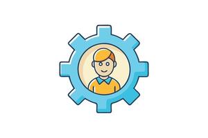 Human figure in a gear icon, colorful representation for user preferences, technical settings, or system management themes vector