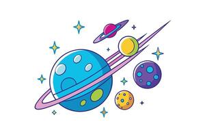 Colorful illustration of planets, stars, and cosmic objects in an imaginative and playful space themed design vector