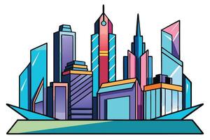 Conceptual futuristic urban skyline with bold colors and geometric skyscrapers in a modern minimalist art style vector