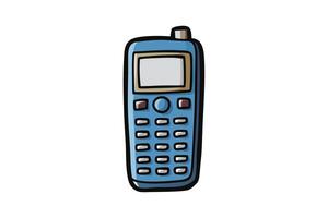 Retro hand drawn mobile phone illustration with classic keypad and screen in a vintage cartoon style on white background vector