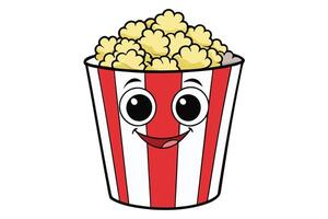 Adorable cartoon popcorn bucket with happy expression in red and white stripes, ideal for entertainment or food related graphics vector