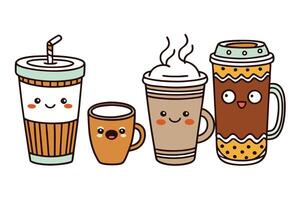 Cartoon style coffee mugs with different designs and expressions, ideal for kids themes, cafe branding, or digital stickers vector