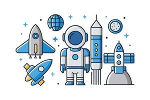 Astronomy and space themed set with rockets, astronaut, planets, and satellites for education and design projects vector