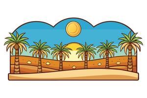 Scenic view of a tranquil desert landscape featuring date palm trees, crescent moon, and a serene starry night vector