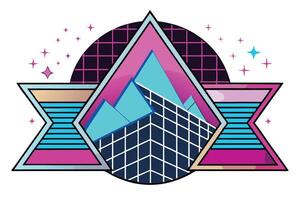 Retro futuristic artwork with neon colors and geometric designs, perfect for 80s themed graphics, posters, or digital art vector