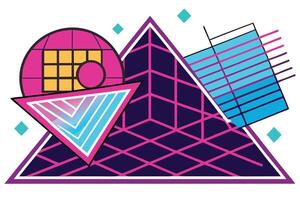 Bold and dynamic 80s inspired illustration with vibrant grids, shapes, and neon hues, ideal for retro or futuristic designs vector
