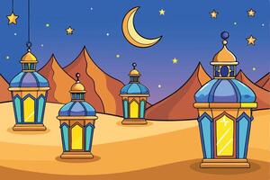 Ramadan Islamic Background Beautiful Hanging Stars and Lanterns Over a Desert Dune with a Crescent Moonlit Sky vector