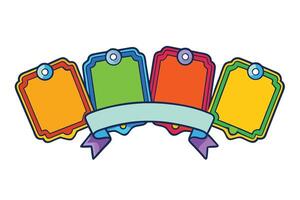 Bright and playful illustration of tags with customizable space, ribbons, and bold colors, ideal for gift cards, advertising, or visual design vector