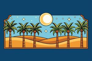 Serene desert night scene with crescent moon and date palm trees in a peaceful Arabian landscape under a starry sky vector