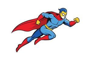 High energy superhero in action with bold red and blue suit, dynamic cape movement, and heroic expression in style vector