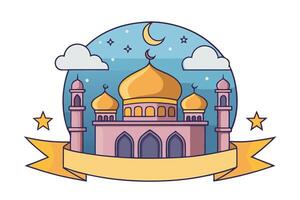 Vivid mosque illustration with colorful minarets and domes at dawn, a symbolic Ramadan and Eid Mubarak background vector