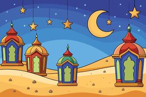 Ramadan Islamic Background Colorful Lanterns and Hanging Stars in a Calm Desert Under the Crescent Moon vector