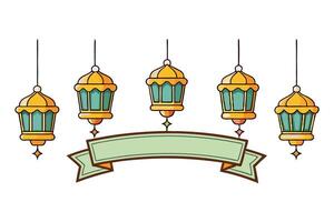 Ramadan Islamic Background with Colorful Lanterns and Decorative Banners Hanging on a White Minimalistic Illustration Design vector