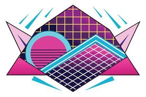 Vibrant geometric illustration inspired by 1980s retro futurism, featuring bold shapes, neon colors, and grid patterns for creative projects vector