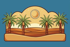 Beautiful date palm trees in a sandy desert illuminated by the soft light of a crescent moon during a tranquil night vector