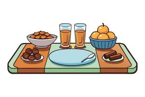 Ramadan Islamic Background with a traditional Iftar table set with dates, fruits, juices, and sweets, perfect for festive celebrations vector