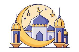 Ramadan Islamic Background with crescent moon, mosque domes, and hanging lanterns, depicting spirituality and festivity in a minimal design vector