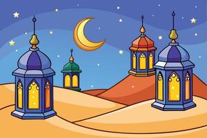 Ramadan Islamic Background Lanterns and Crescent Moon Creating a Spiritual Desert Scene with Starry Night Sky vector