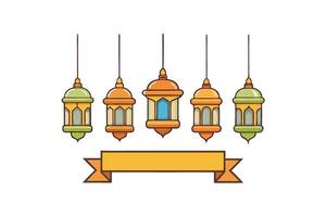 Minimalistic Ramadan Islamic Background with Vibrant Hanging Lanterns and a Central Space for Text or Personalization vector