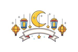 Ramadan Islamic Background featuring a crescent moon, glowing lanterns, and a decorative ribbon, perfect for festive and spiritual themes vector