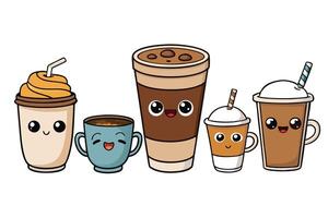 Colorful kawaii coffee mug characters with cheerful faces, representing different hot and cold coffee drinks in a charming cartoon style vector