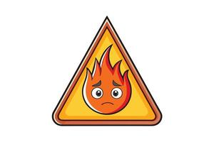 Cartoon style fire warning icons with expressive faces inside yellow triangular hazard signs, symbolizing caution, danger, and safety alerts vector