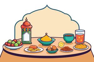 Vibrant illustration of an iftar table with traditional foods, decorative lanterns, and space for text, ideal for Ramadan themed designs vector