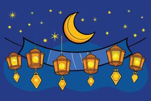 Ramadan Islamic Background Decorative Banner with Crescent Moon, Lanterns, and Stars Symbolizing Ramadan and Eid Festivities vector