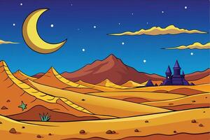 Ramadan Islamic Background featuring a tranquil desert night with a crescent moon, mosque, and rolling golden dunes under the stars vector