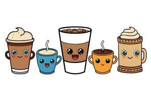 Cute cartoon coffee cups illustration with smiling faces, featuring various drink types like cappuccino, latte, and espresso on a white background vector