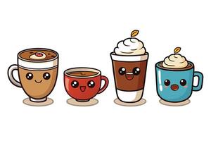 Set of adorable kawaii coffee cup characters, each representing different coffee beverages with playful expressions and vibrant colors vector