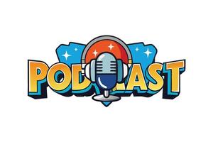 Stylized podcast icon logo in a retro inspired theme with bold lettering and a microphone symbol, ideal for media and entertainment branding vector