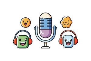 Collection of podcast related icons in a flat, colorful style featuring headphones, microphones, and app interfaces vector