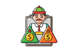 Creative scam alert illustration with a con artist figure, vibrant colors, and triangular design for fraud prevention and cybersecurity themes vector