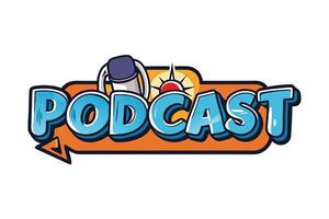Modern podcast logo with a graphic microphone, headphone details, and bright typography, ideal for broadcasting and streaming visuals vector