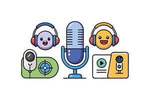 Set of colorful podcast icons featuring microphones, headphones, and play buttons in a modern and vibrant design style vector