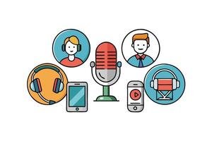 Podcast themed illustration set with cheerful elements, including smiling faces, microphones, and sound related icons vector