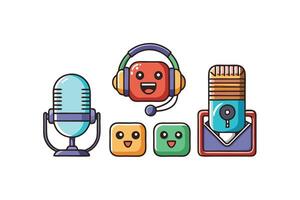 Vibrant podcast and audio broadcasting icon set with playful elements like smiling faces, modern gadgets, and microphones vector