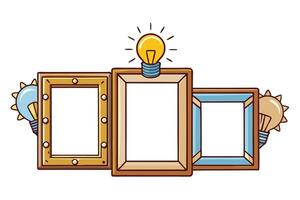 Colorful illustration of multiple empty frames with lightbulb accents, symbolizing creativity, innovation, and artistic concepts on a white background vector