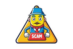 Cartoon scam warning icon featuring a suspicious character in a triangular caution sign, representing online fraud, security risks, and danger vector