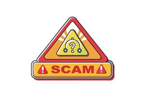 Scam alert warning sign with colorful triangular design, featuring bold text and symbols to emphasize online fraud, danger, and security risks vector
