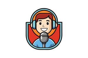 Iconic podcast graphic with smiling faces and headsets, tailored for podcasting, live streaming, or audio communication themes vector