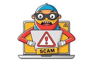 Vibrant scam alert design with a cartoon conman, ideal for themes of cybersecurity, fraud warnings, and online scam prevention vector