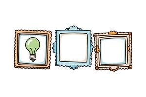 Artistic illustration of whimsical frames and lightbulb icons, emphasizing imagination, creative thinking, and design in a minimalist style vector