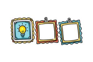 Hand drawn cartoon style frames with lightbulb icons, symbolizing creativity, innovation, and artistic concepts in a playful design vector